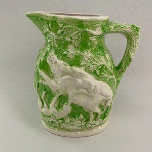 Vintage Ceramic Majolica Style Boar, Stag & Hound Oak & Acorn Hunt Scene Pitcher